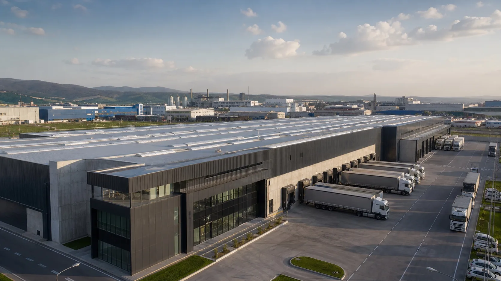 Kocaeli ve Sakarya sanayi parselinde modern üretim holü ve cam cepheli idari ofis bloğuna sahip orta ölçekli fabrika binası